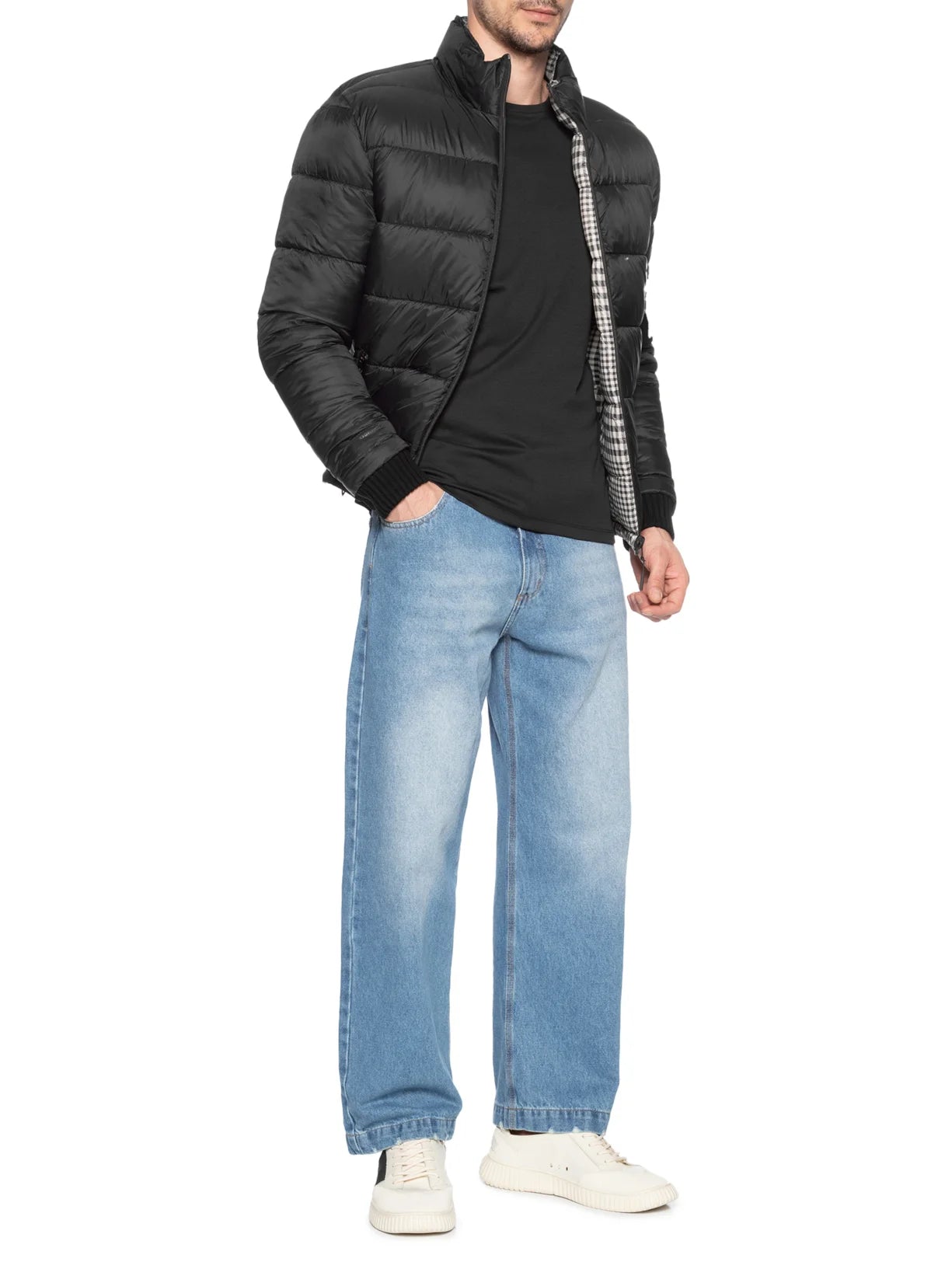 Jaqueta Puffer Double Face Xadrez Preto